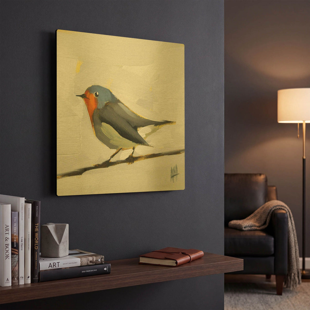 'Robin On Wire' By Angela Missman Gold Metal Wall Art