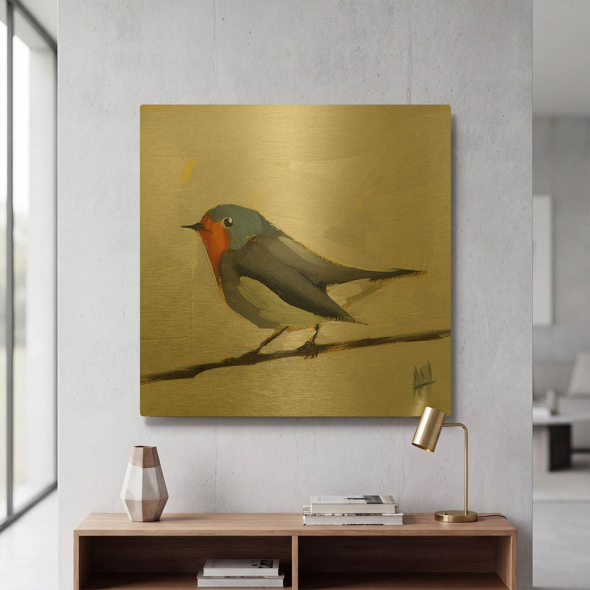 'Robin On Wire' By Angela Missman Gold Metal Wall Art