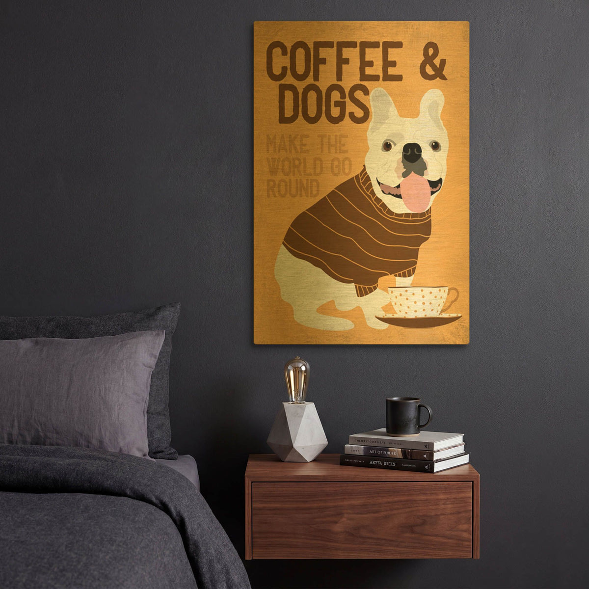 'Coffee And Dogs French Bulldog' By Ginger Oliphant Gold Metal Wall Art