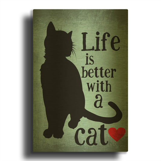'Life Is Better With A Cat Blue' By Ginger Oliphant Gold Metal Wall Art