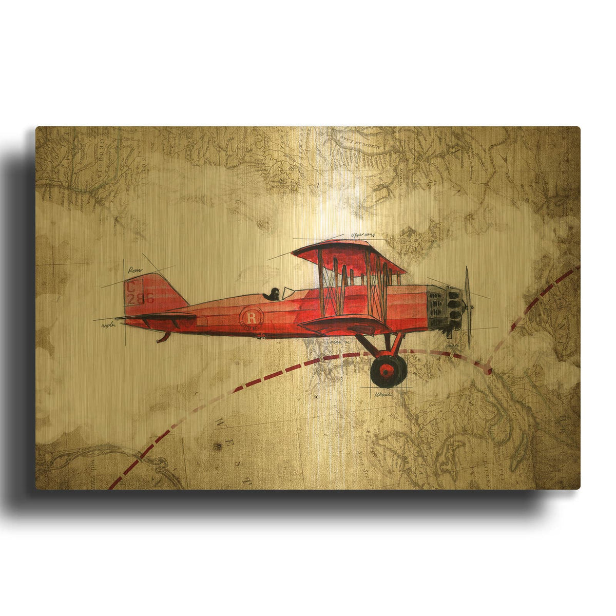 'Biplane 3' By GraphINC Gold Metal Wall Art