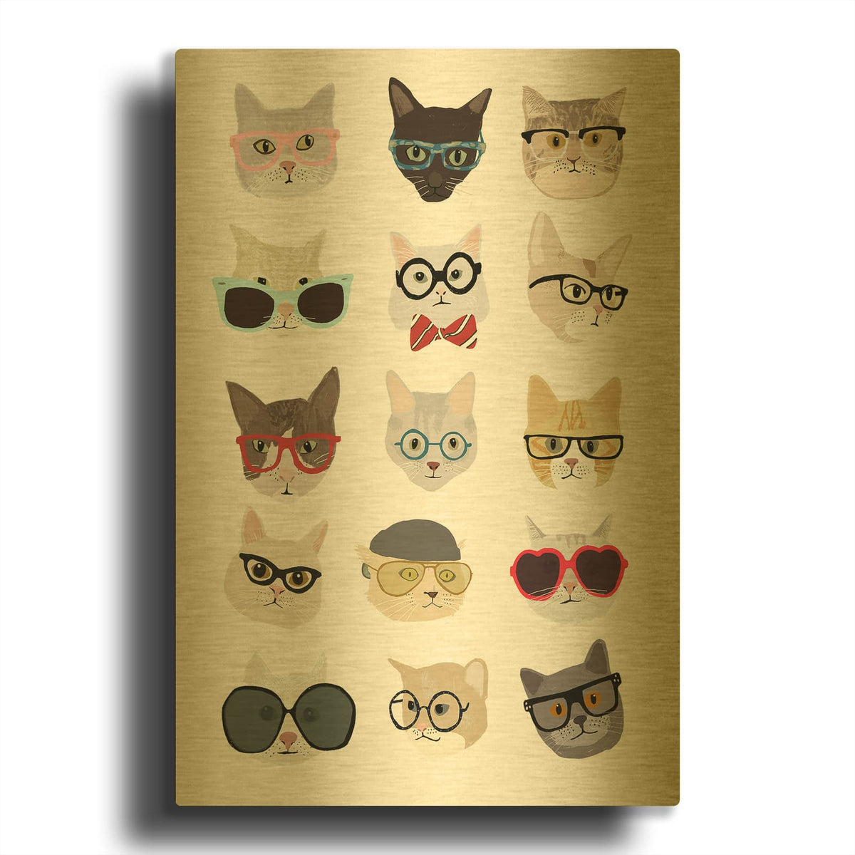 'Cats With Glasses' By Hanna Melin Gold Metal Wall Art