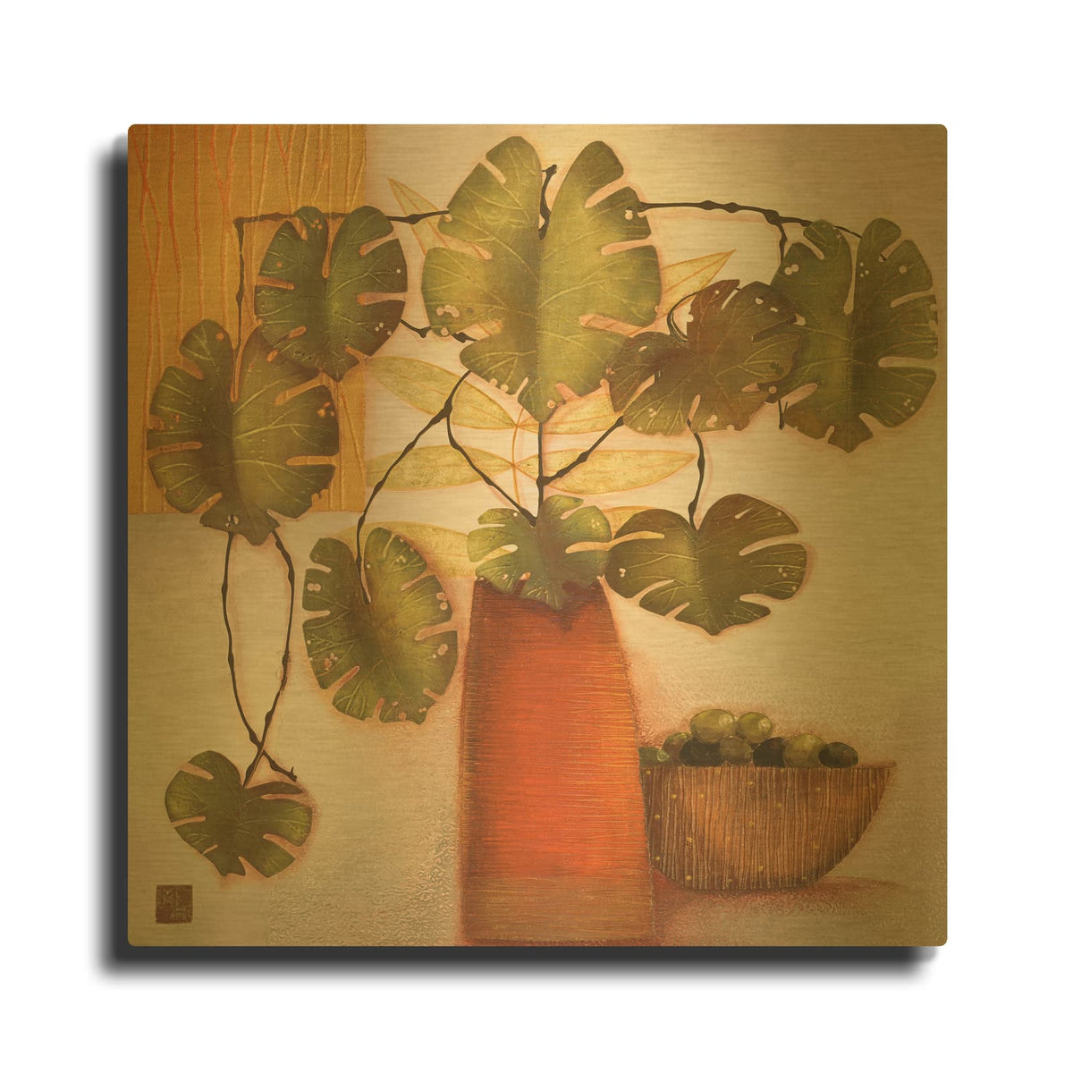 'Olive Bowl And Vase' By Margaret Hughlock Gold Metal Wall Art