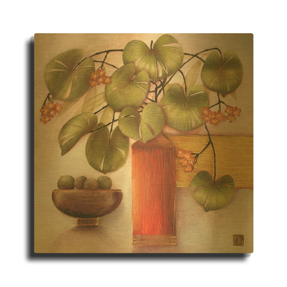 'Passion Fruit And Vase' By Margaret Hughlock Gold Metal Wall Art