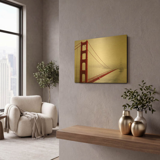 'Golden Gate Bridge In Fog' By PhotoINC Studio Gold Metal Wall Art