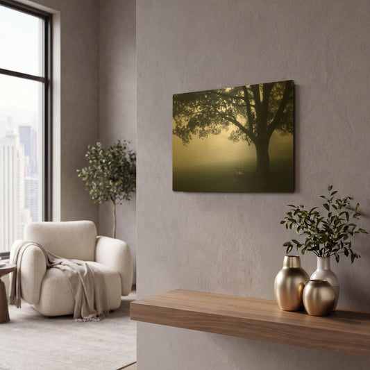 'Misty Bench' By PhotoINC Studio Gold Metal Wall Art