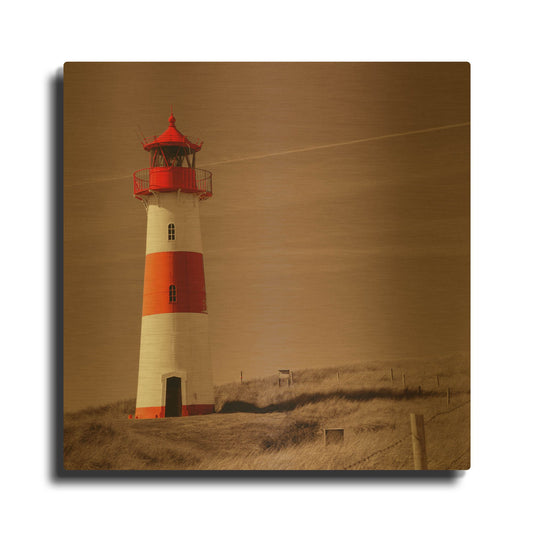 'Red & White Lighthouse' By PhotoINC Studio Gold Metal Wall Art