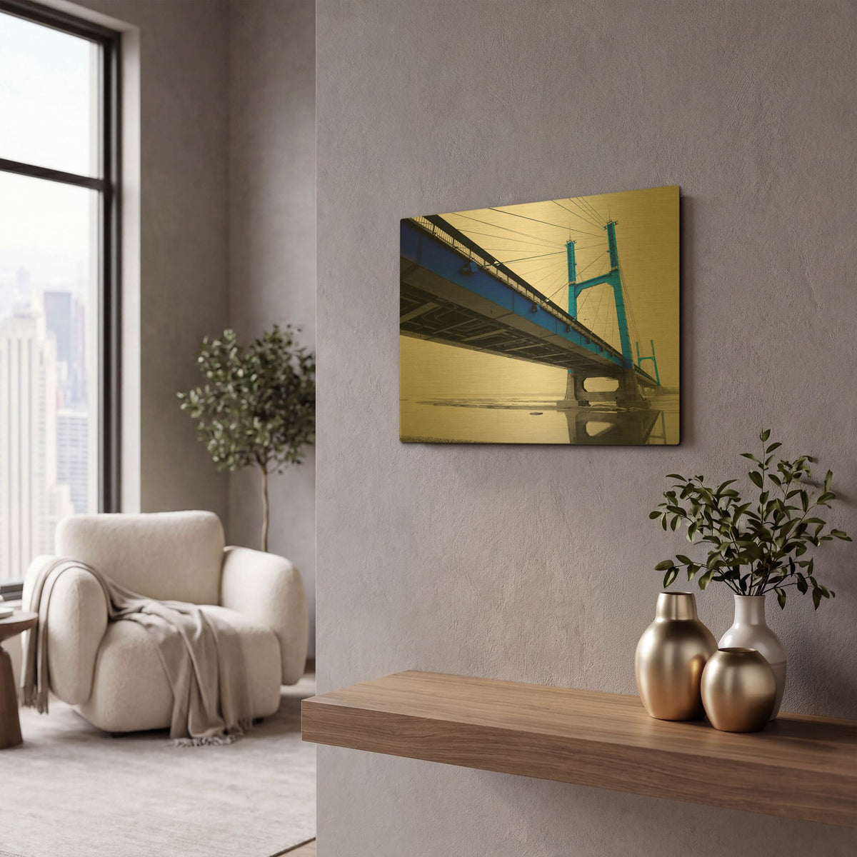 'Suspension Bridge In Blue' By PhotoINC Studio Gold Metal Wall Art