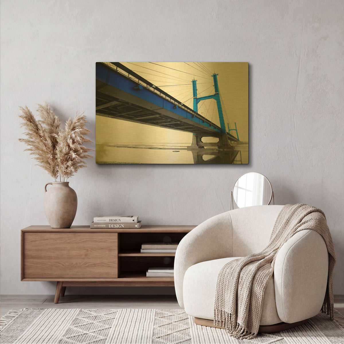 'Suspension Bridge In Blue' By PhotoINC Studio Gold Metal Wall Art