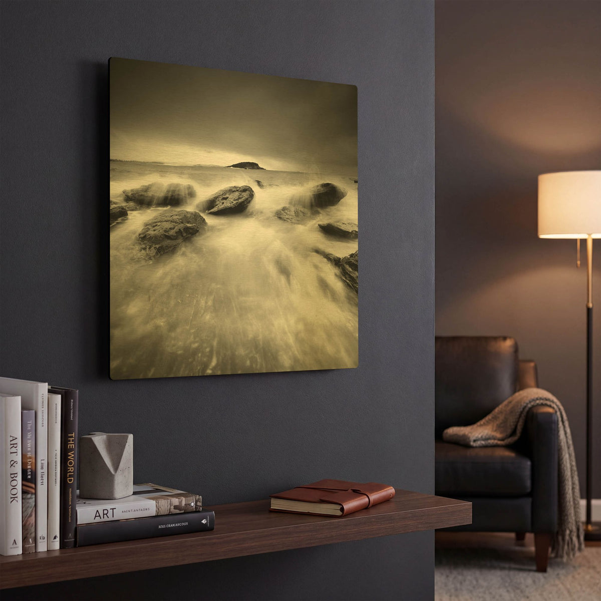 'Waves On Rocks 1' By PhotoINC Studio Gold Metal Wall Art