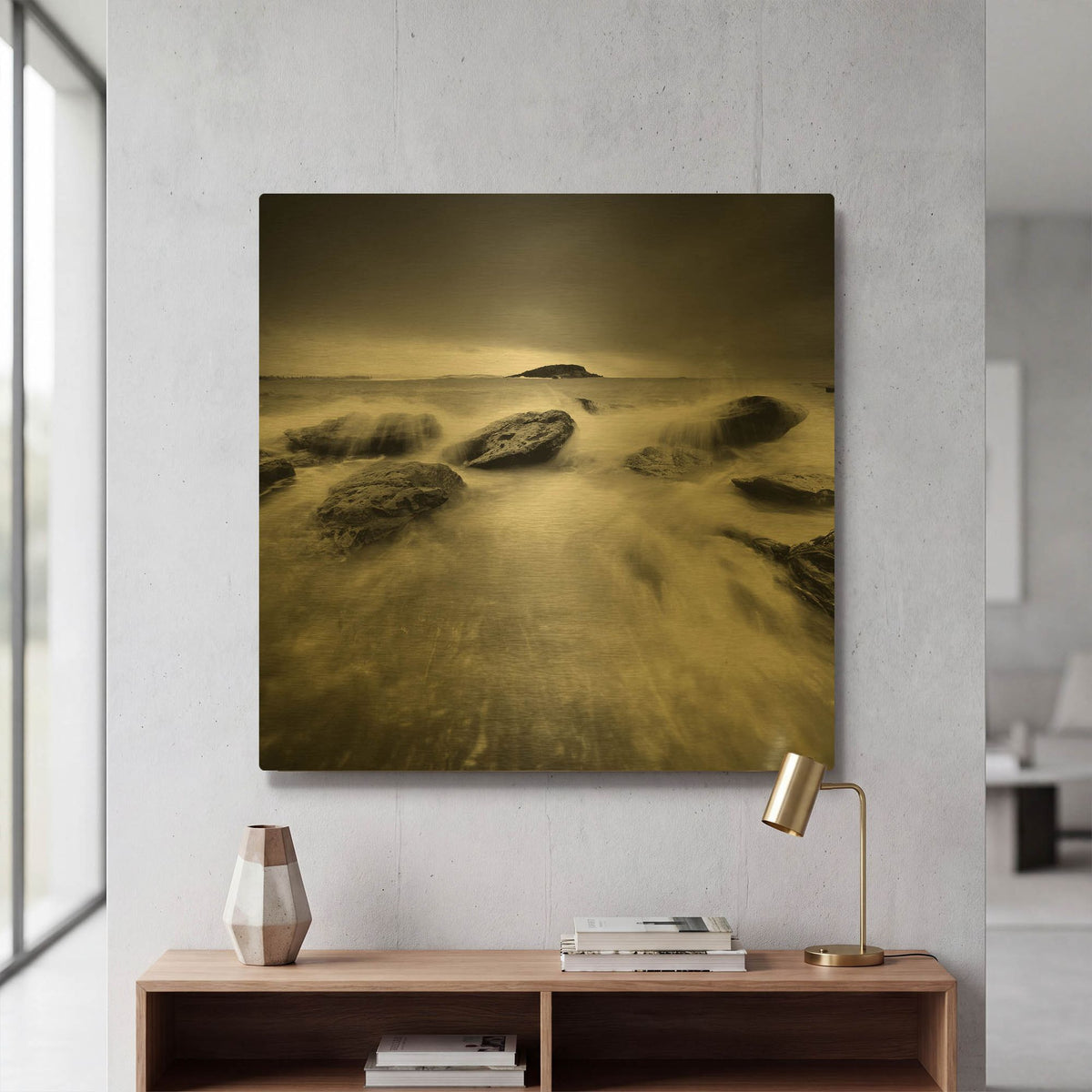 'Waves On Rocks 1' By PhotoINC Studio Gold Metal Wall Art