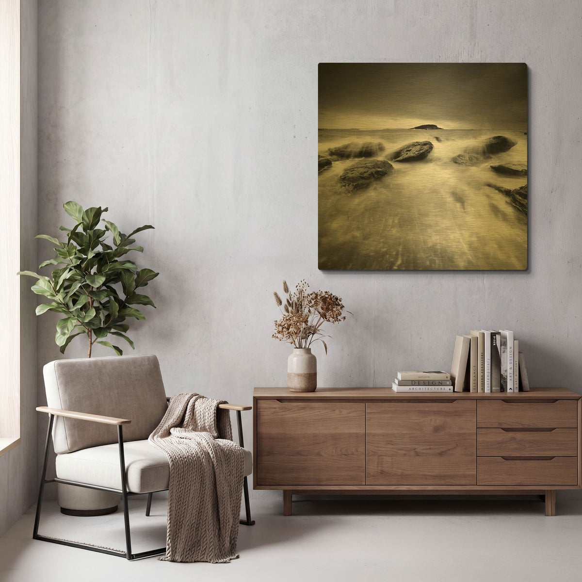 'Waves On Rocks 1' By PhotoINC Studio Gold Metal Wall Art