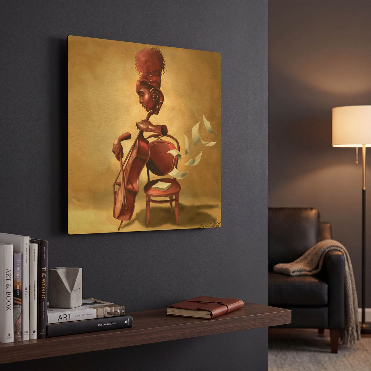 'The Solo Cellist' By Salaam Muhammad Gold Metal Wall Art