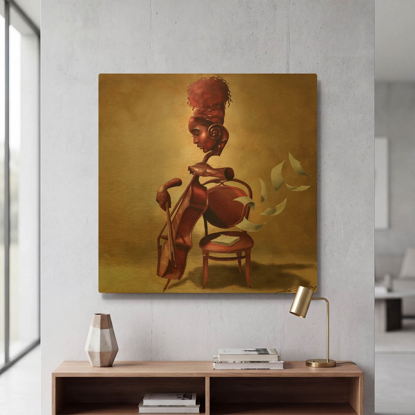 'The Solo Cellist' By Salaam Muhammad Gold Metal Wall Art