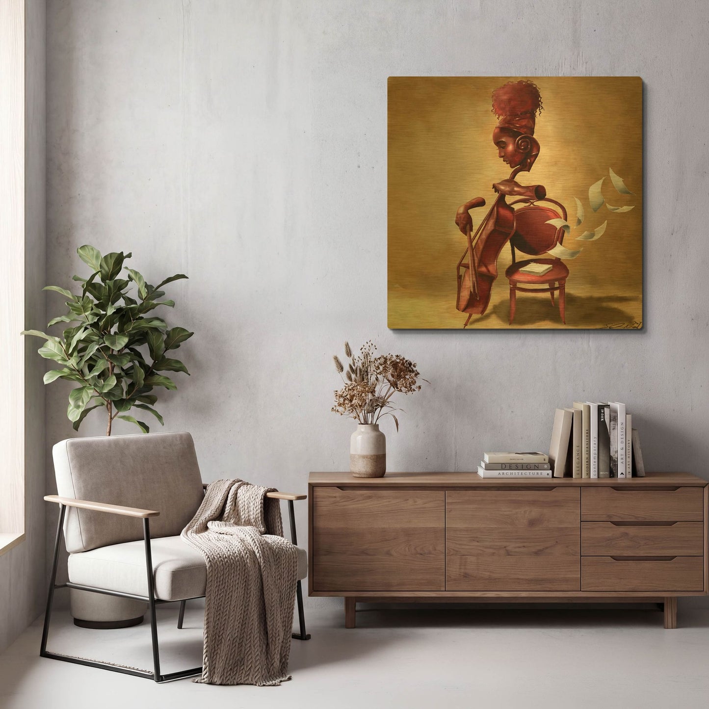 'The Solo Cellist' By Salaam Muhammad Gold Metal Wall Art