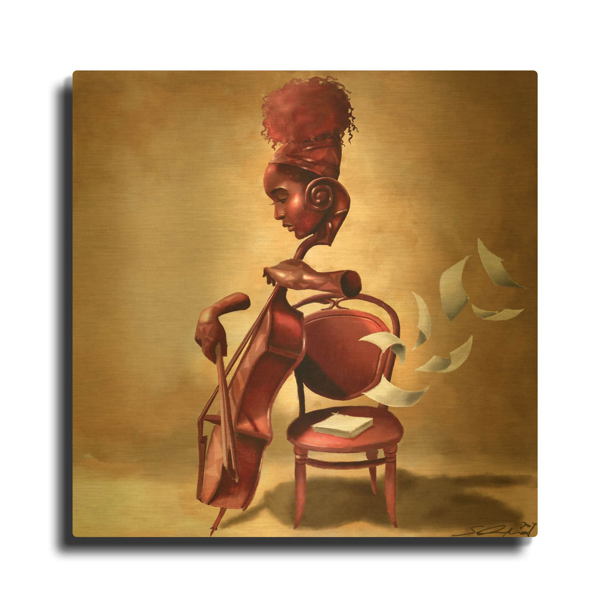 'The Solo Cellist' By Salaam Muhammad Gold Metal Wall Art