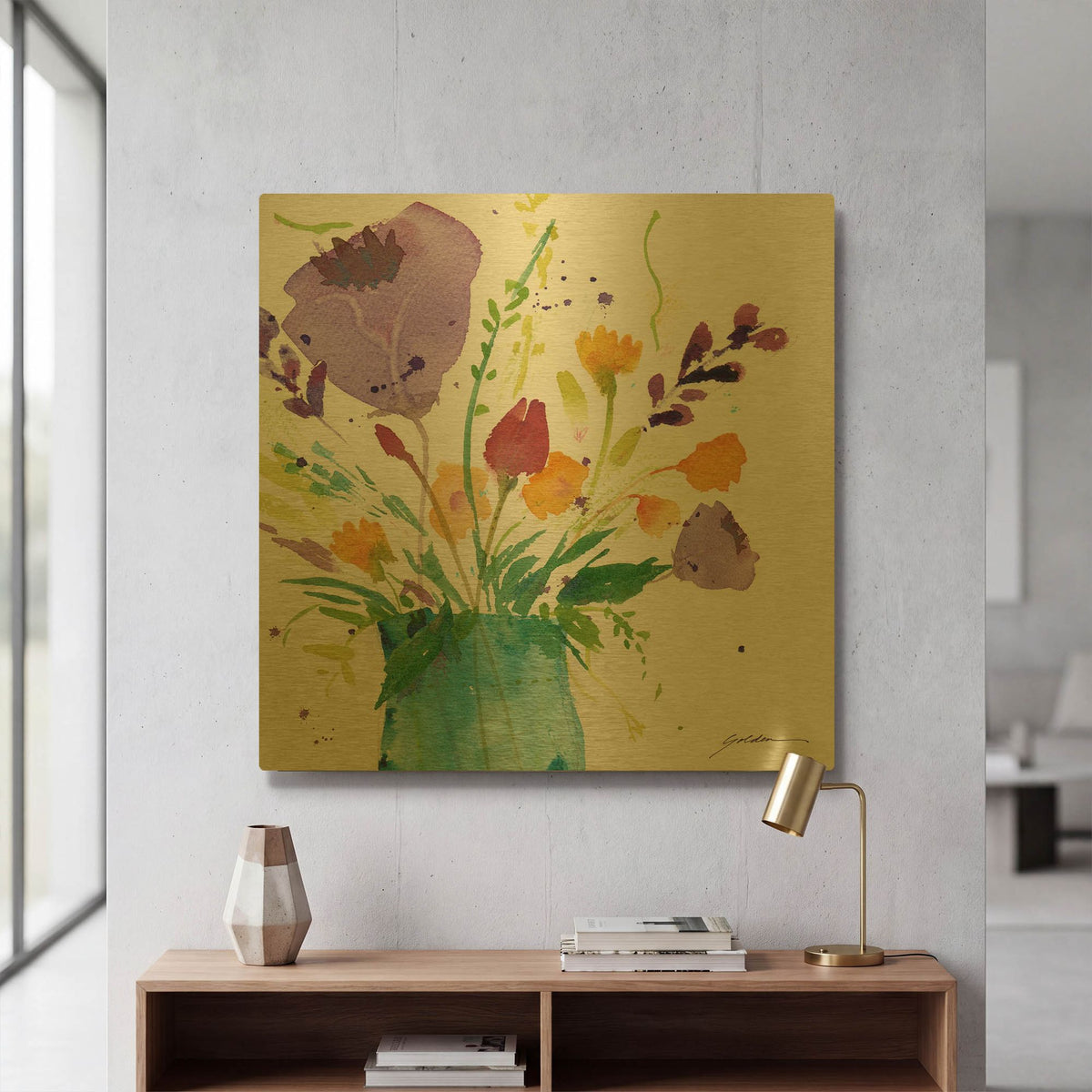 'Teal Vase With Bright Flowers' By Sheila Golden Gold Metal Wall Art