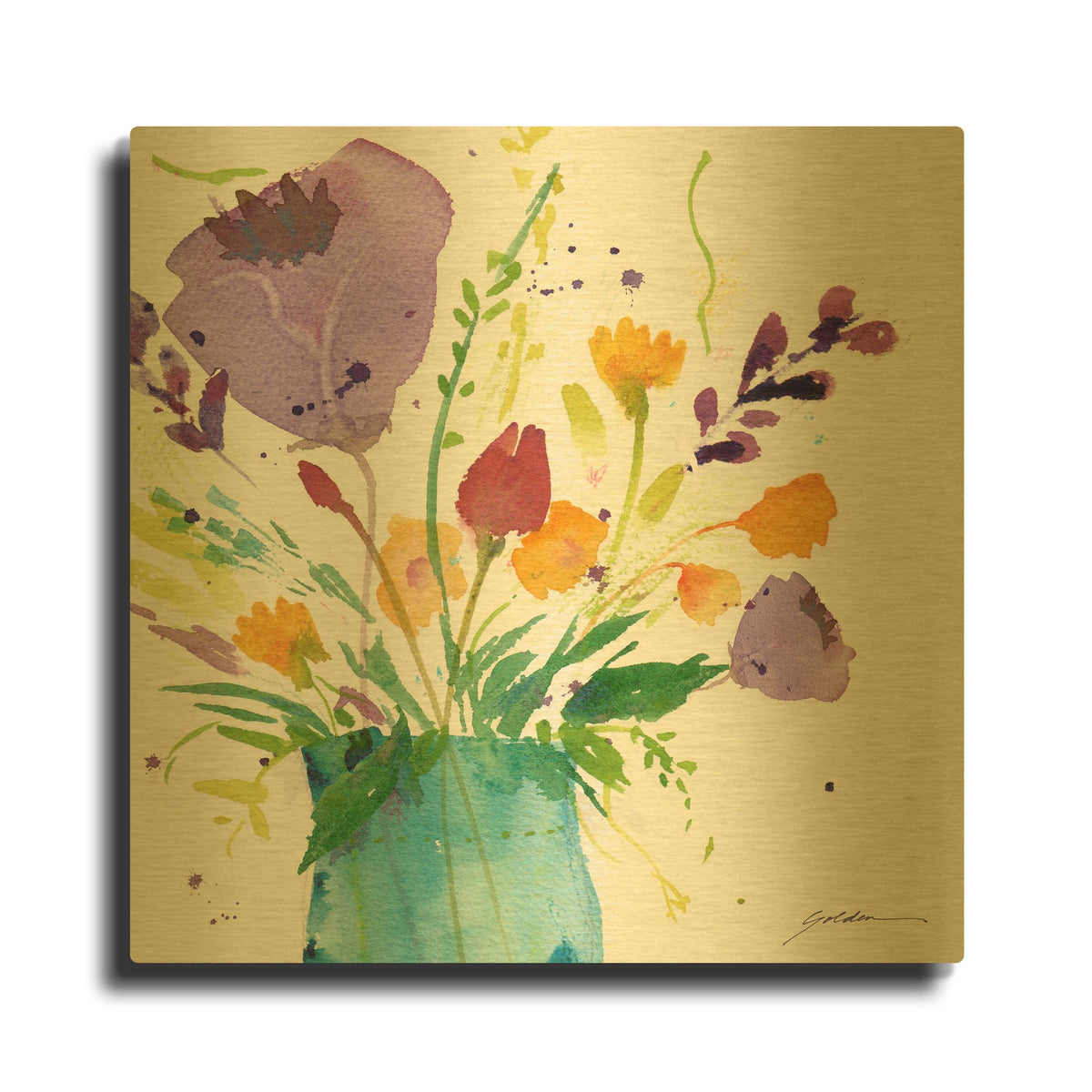 'Teal Vase With Bright Flowers' By Sheila Golden Gold Metal Wall Art