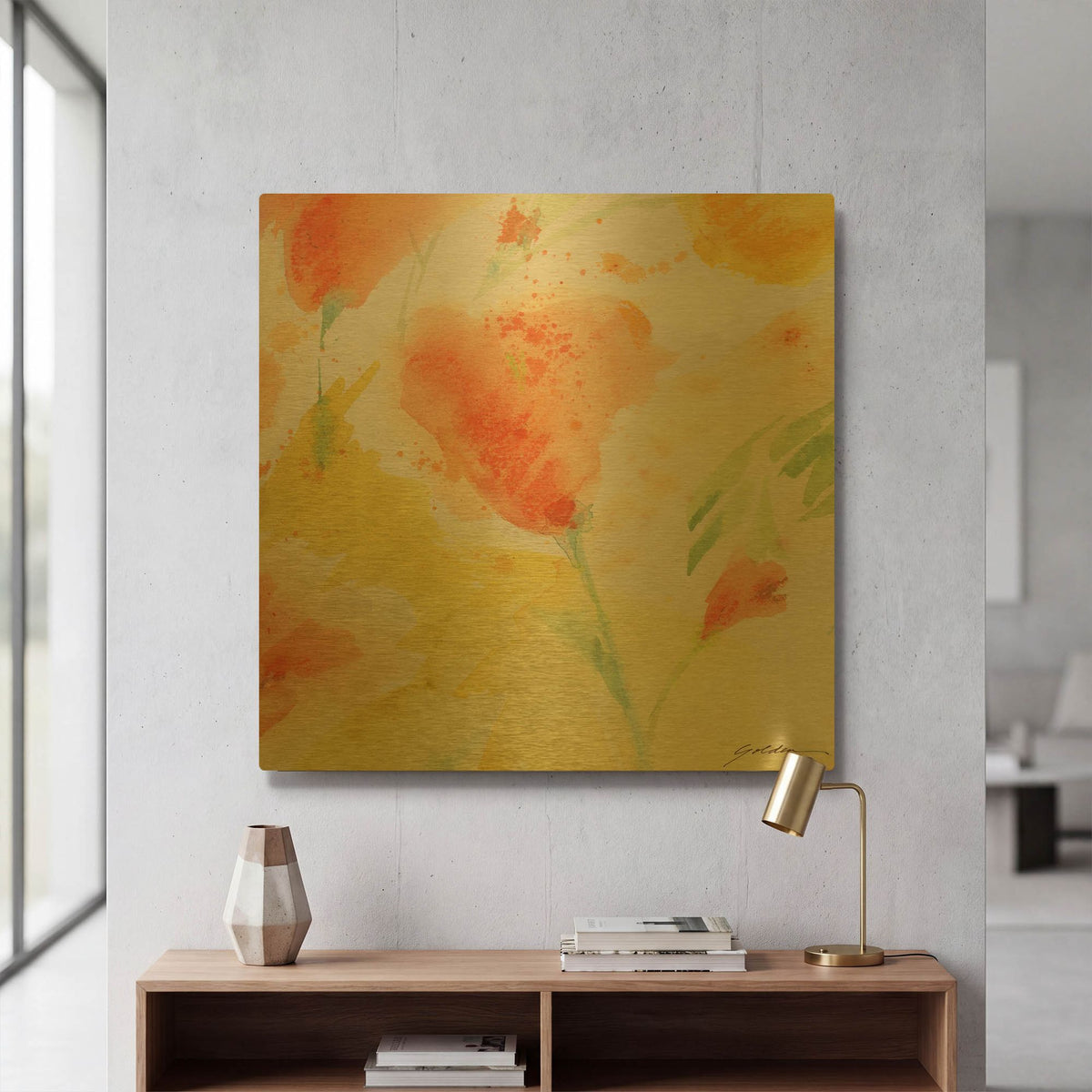 'Windblown Poppies #3' By Sheila Golden Gold Metal Wall Art