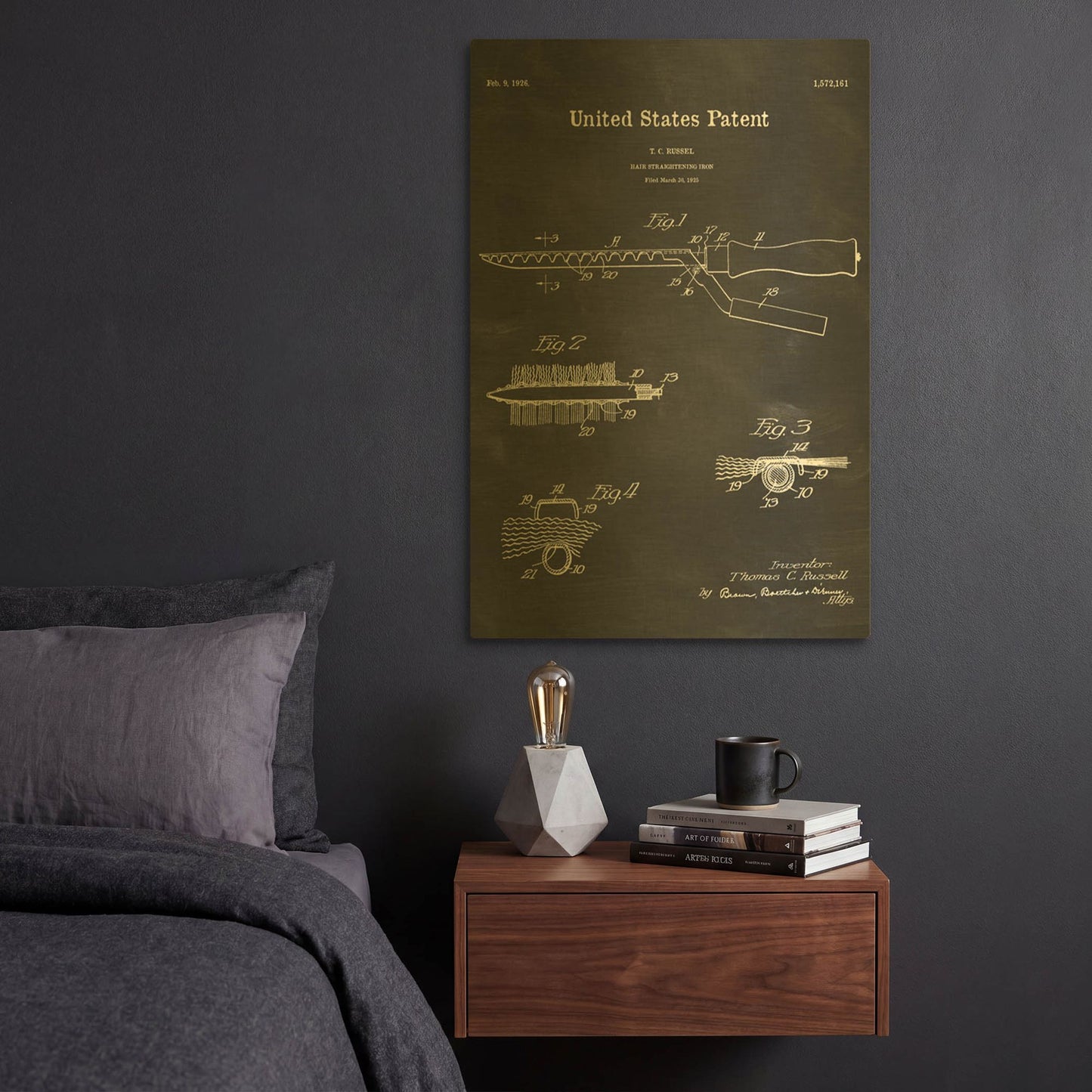 'Hair Straightening Iron Blueprint Patent Chalkboard' By LUXE Gold Metal Wall Art