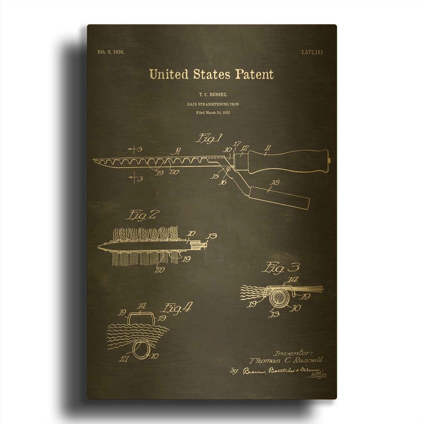 'Hair Straightening Iron Blueprint Patent Chalkboard' By LUXE Gold Metal Wall Art