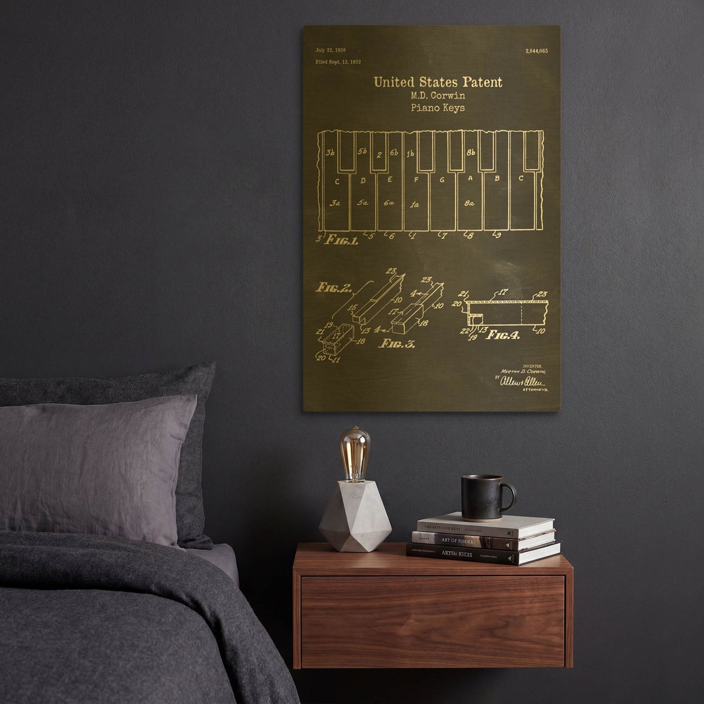 'Piano Keys Blueprint Patent Chalkboard' By LUXE Gold Metal Wall Art