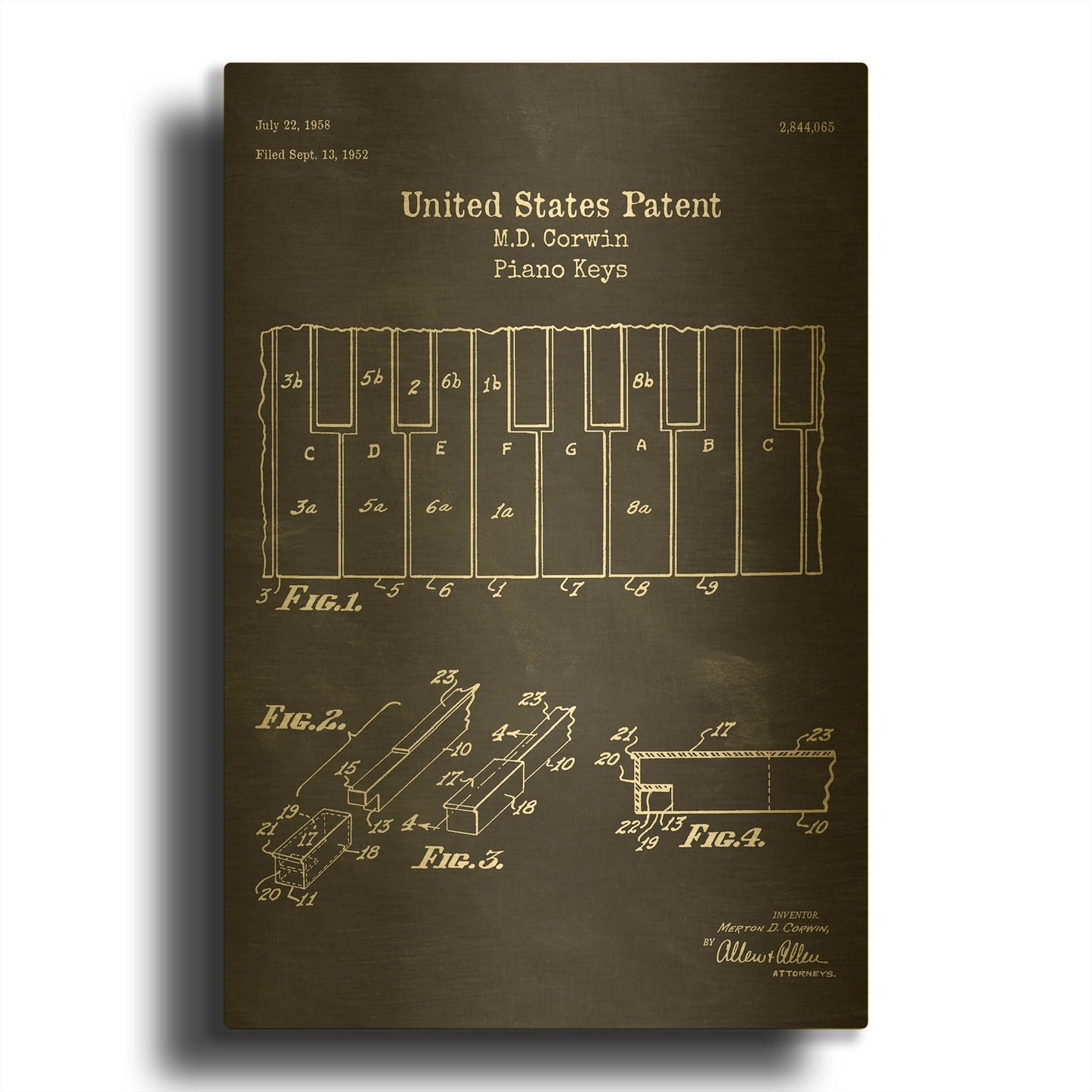 'Piano Keys Blueprint Patent Chalkboard' By LUXE Gold Metal Wall Art