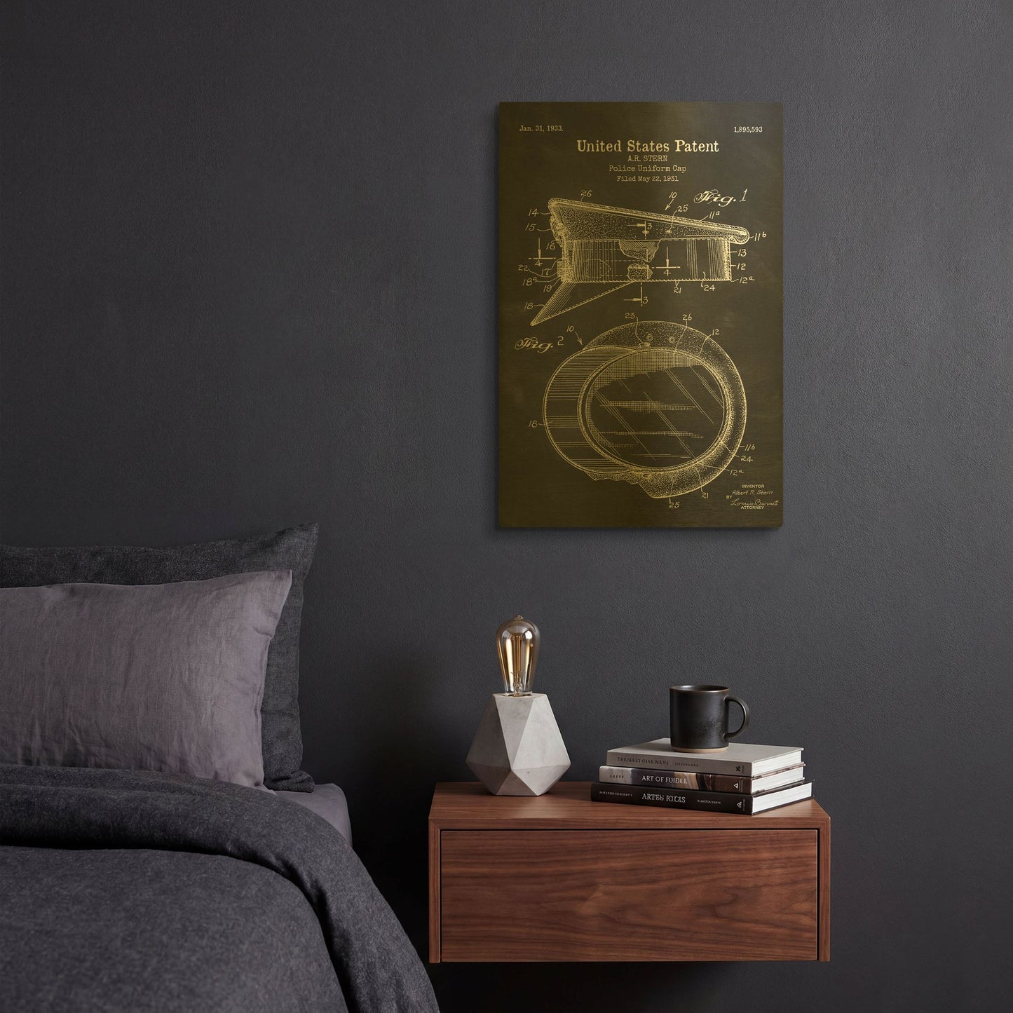 'Police Uniform Cap Blueprint Patent Chalkboard' By LUXE Gold Metal Wall Art