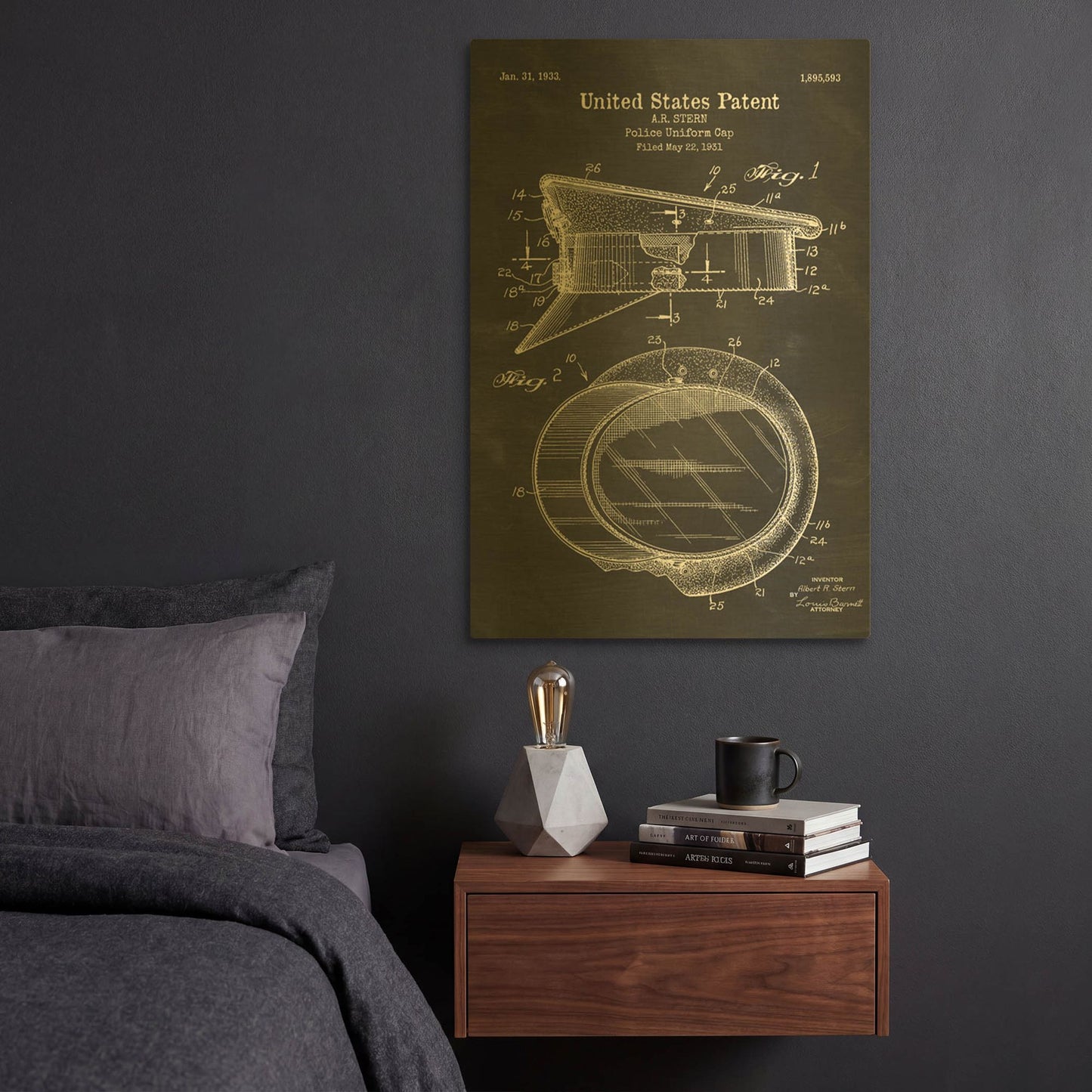 'Police Uniform Cap Blueprint Patent Chalkboard' By LUXE Gold Metal Wall Art