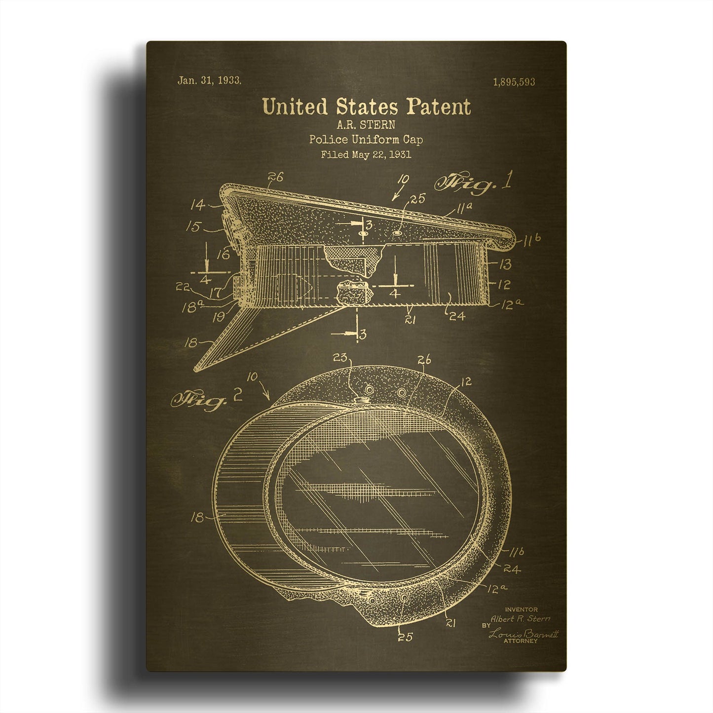 'Police Uniform Cap Blueprint Patent Chalkboard' By LUXE Gold Metal Wall Art
