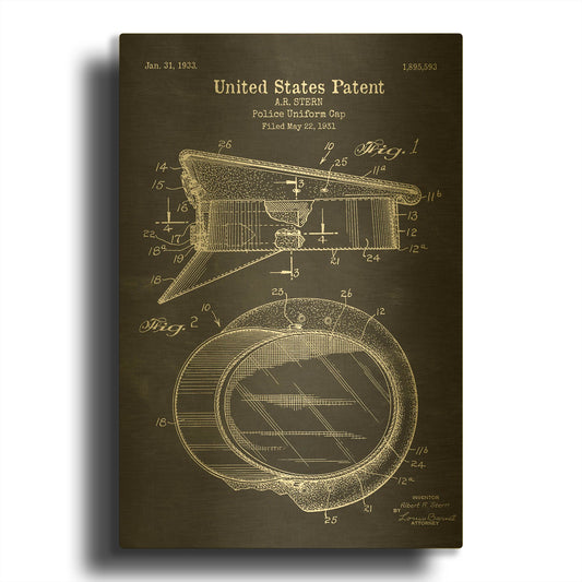 'Police Uniform Cap Blueprint Patent Chalkboard' By LUXE Gold Metal Wall Art