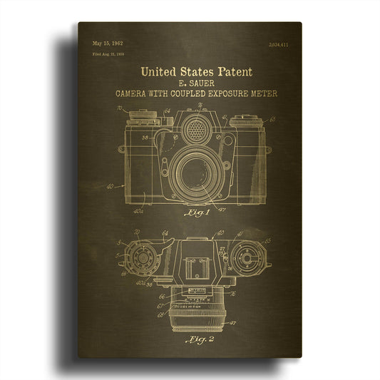 'Camera with Coupled Exposure Meter Blueprint Patent Chalkboard' By LUXE Gold Metal Wall Art