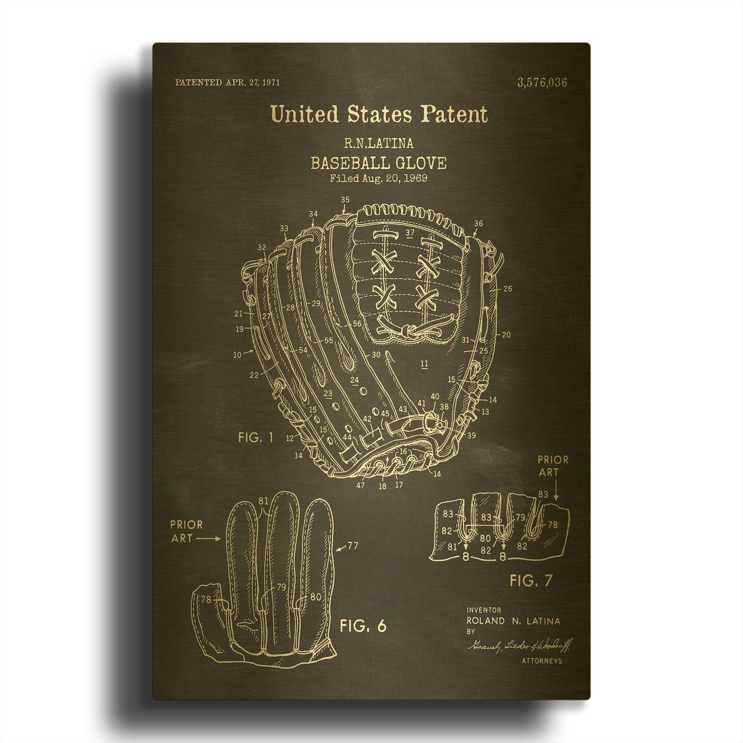 'Baseball Glove, 1971, Blueprint Patent Chalkboard' By LUXE Gold Metal Wall Art