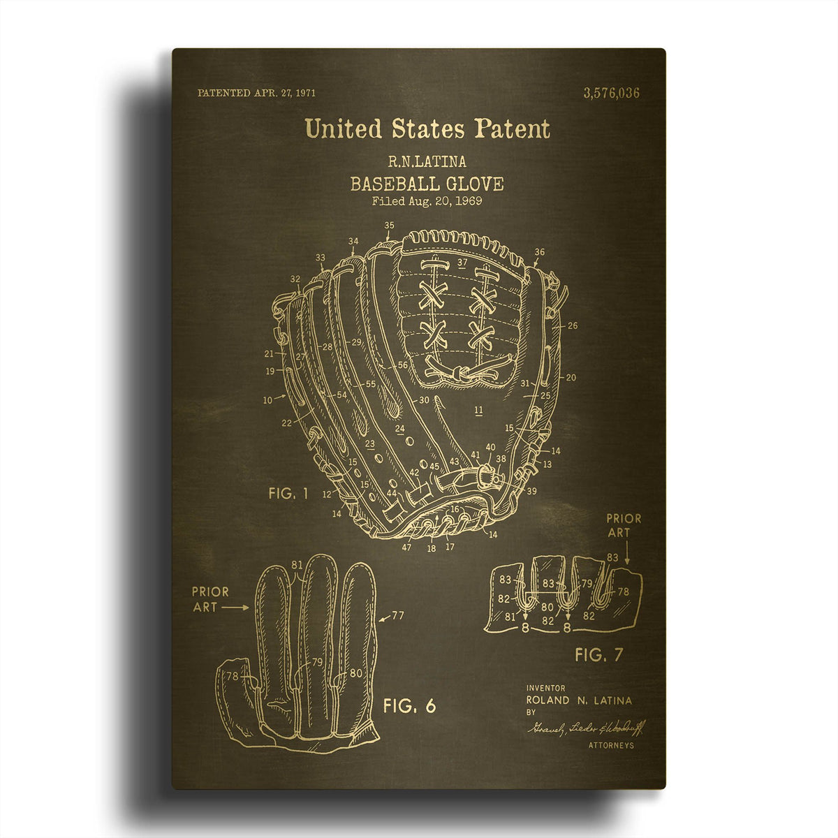 'Baseball Glove, 1971, Blueprint Patent Chalkboard' By LUXE Gold Metal Wall Art