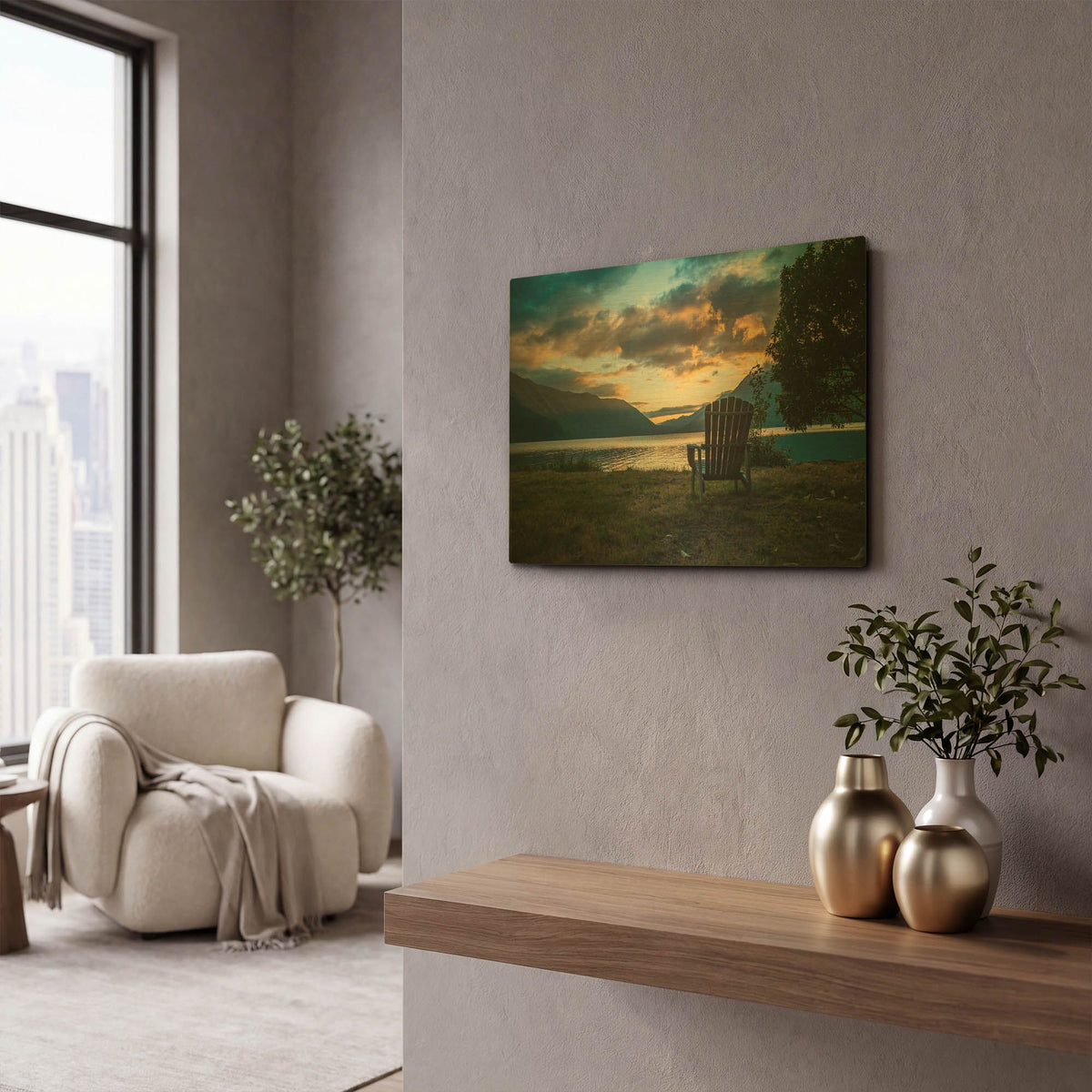 'Crescent Lake Chair' By Tim Oldford Gold Metal Wall Art