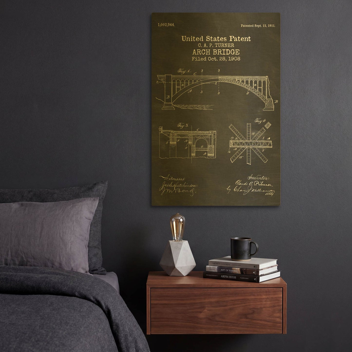 'Arch Bridge Blueprint Patent Chalkboard' By LUXE Gold Metal Wall Art