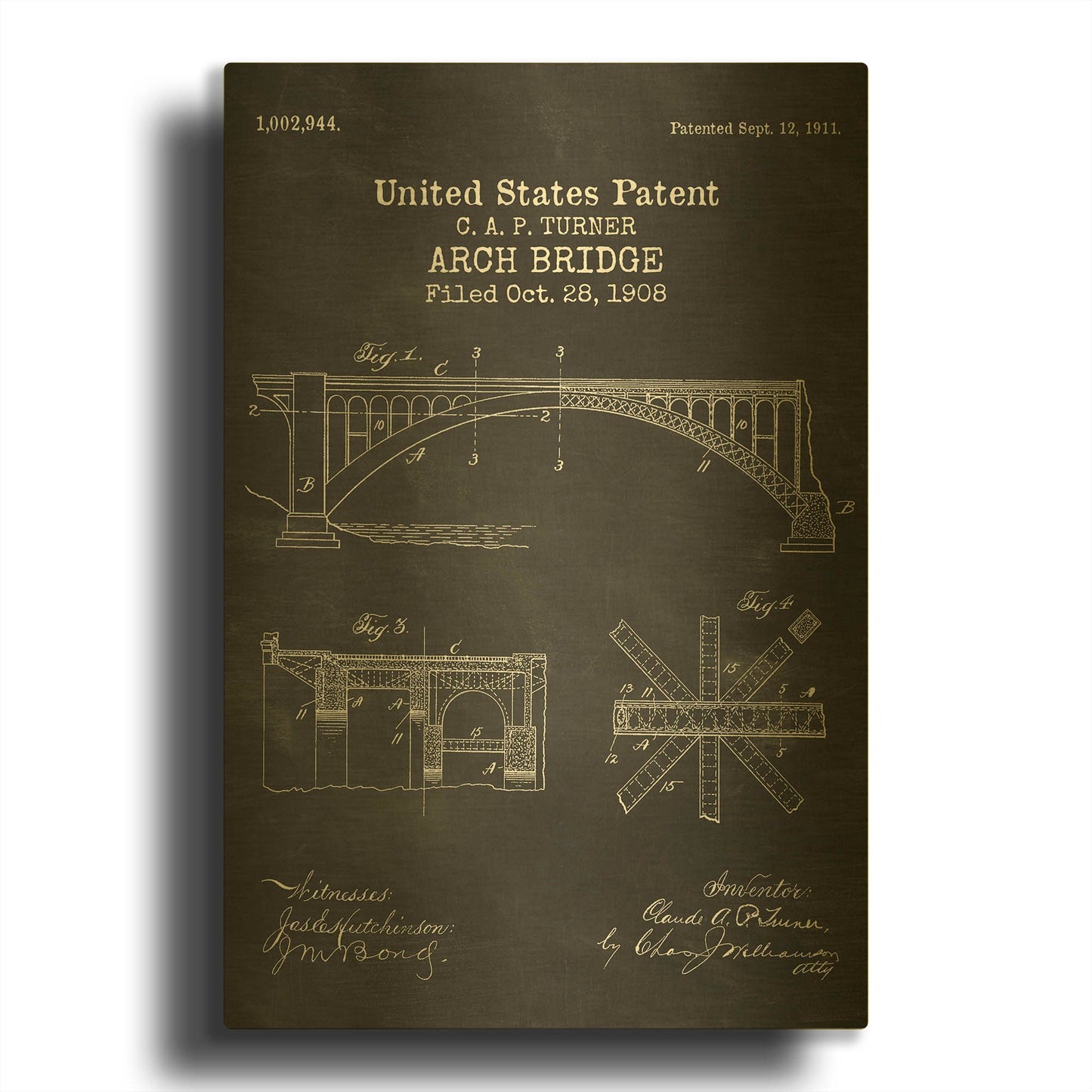 'Arch Bridge Blueprint Patent Chalkboard' By LUXE Gold Metal Wall Art
