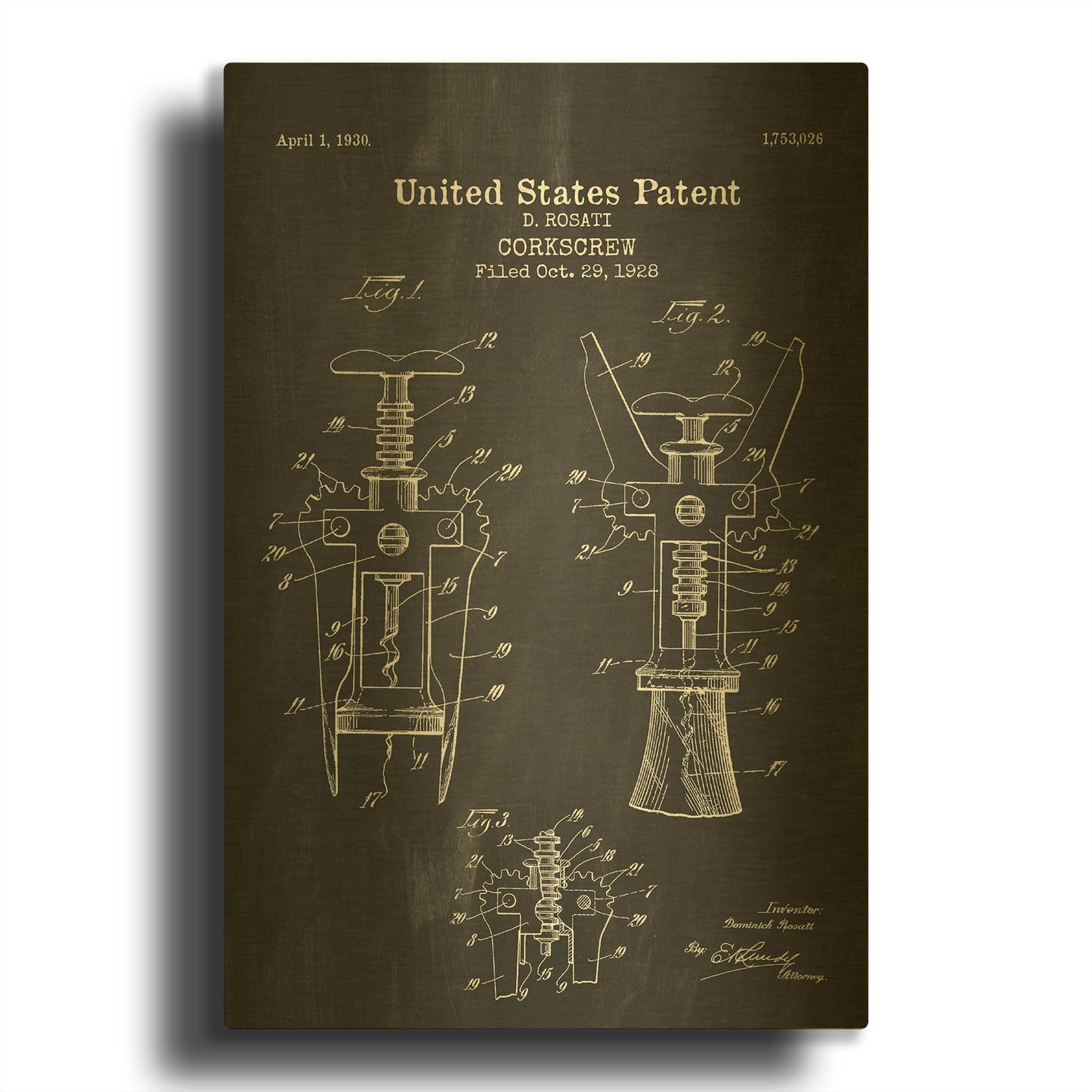 'Corkscrew Blueprint Patent Chalkboard' By LUXE Gold Metal Wall Art
