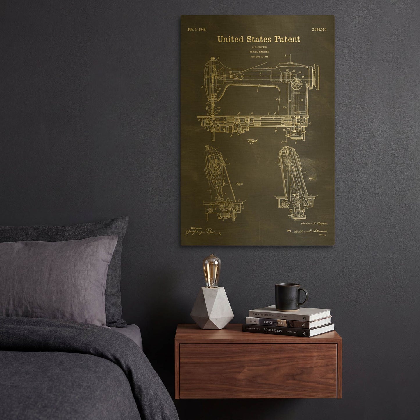 'Sewing Machine Blueprint Patent Chalkboard' By LUXE Gold Metal Wall Art