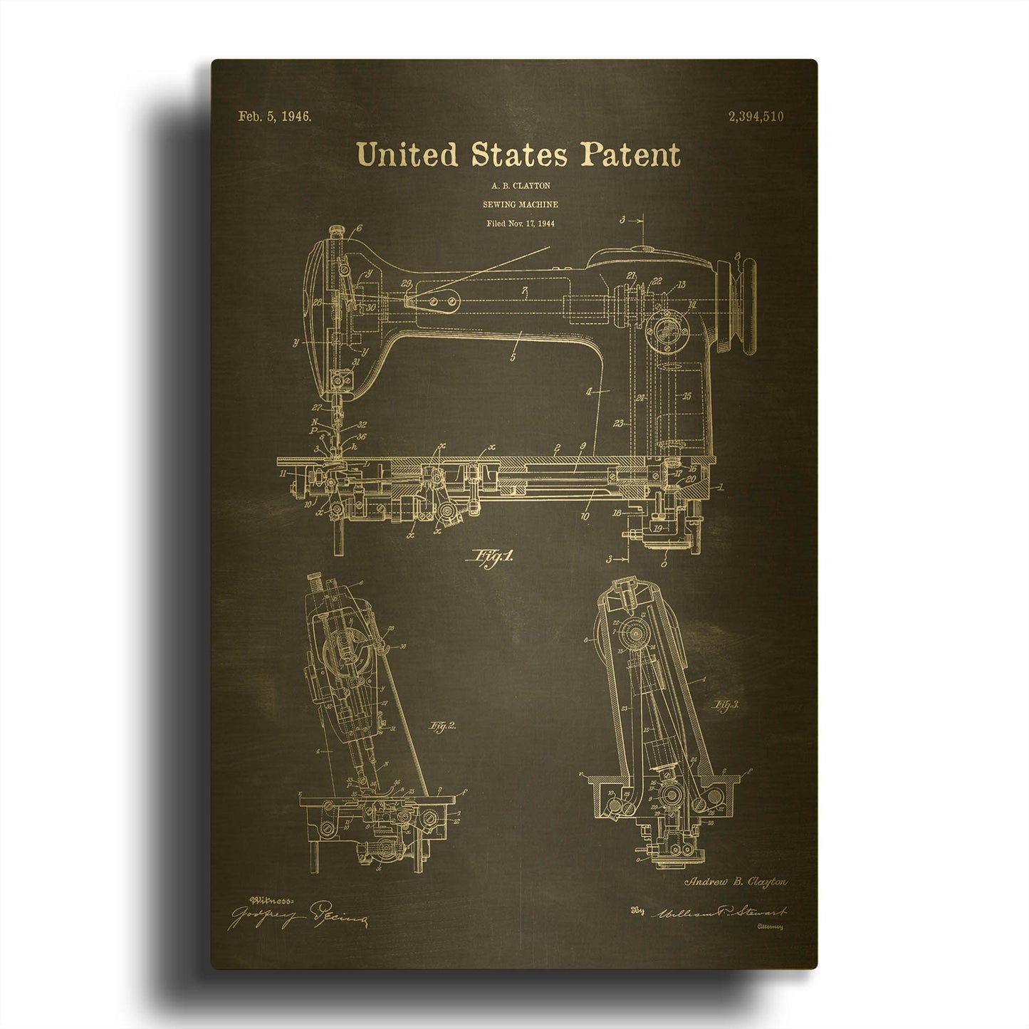 'Sewing Machine Blueprint Patent Chalkboard' By LUXE Gold Metal Wall Art