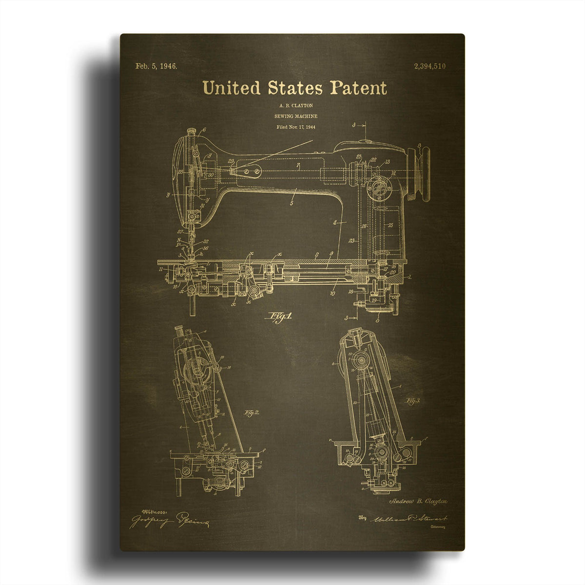 'Sewing Machine Blueprint Patent Chalkboard' By LUXE Gold Metal Wall Art