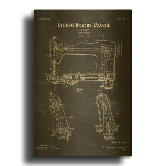 'Sewing Machine Blueprint Patent Chalkboard' By LUXE Gold Metal Wall Art