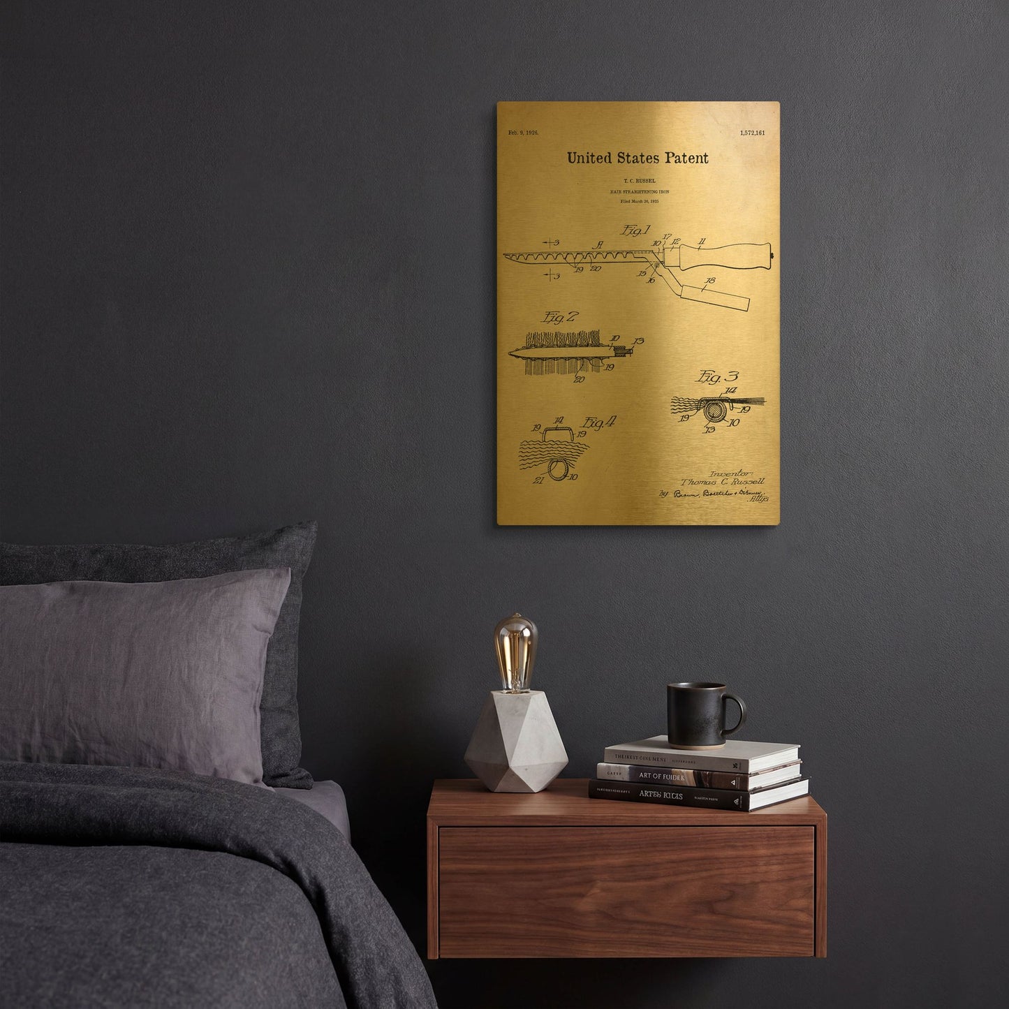'Hair Straightening Iron Blueprint Patent Parchment' By LUXE Gold Metal Wall Art
