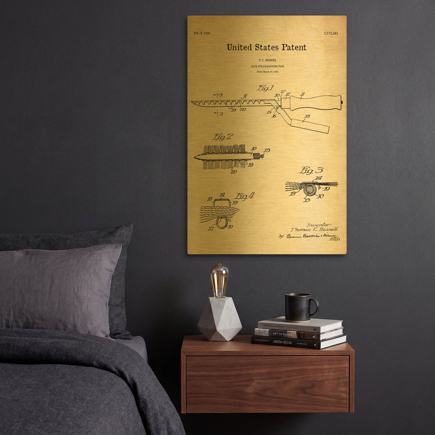 'Hair Straightening Iron Blueprint Patent Parchment' By LUXE Gold Metal Wall Art