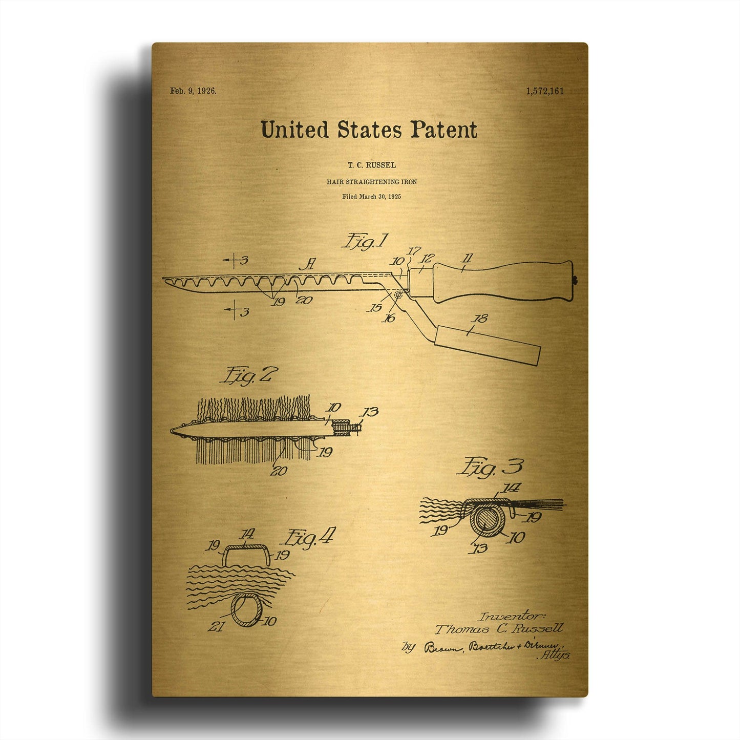 'Hair Straightening Iron Blueprint Patent Parchment' By LUXE Gold Metal Wall Art