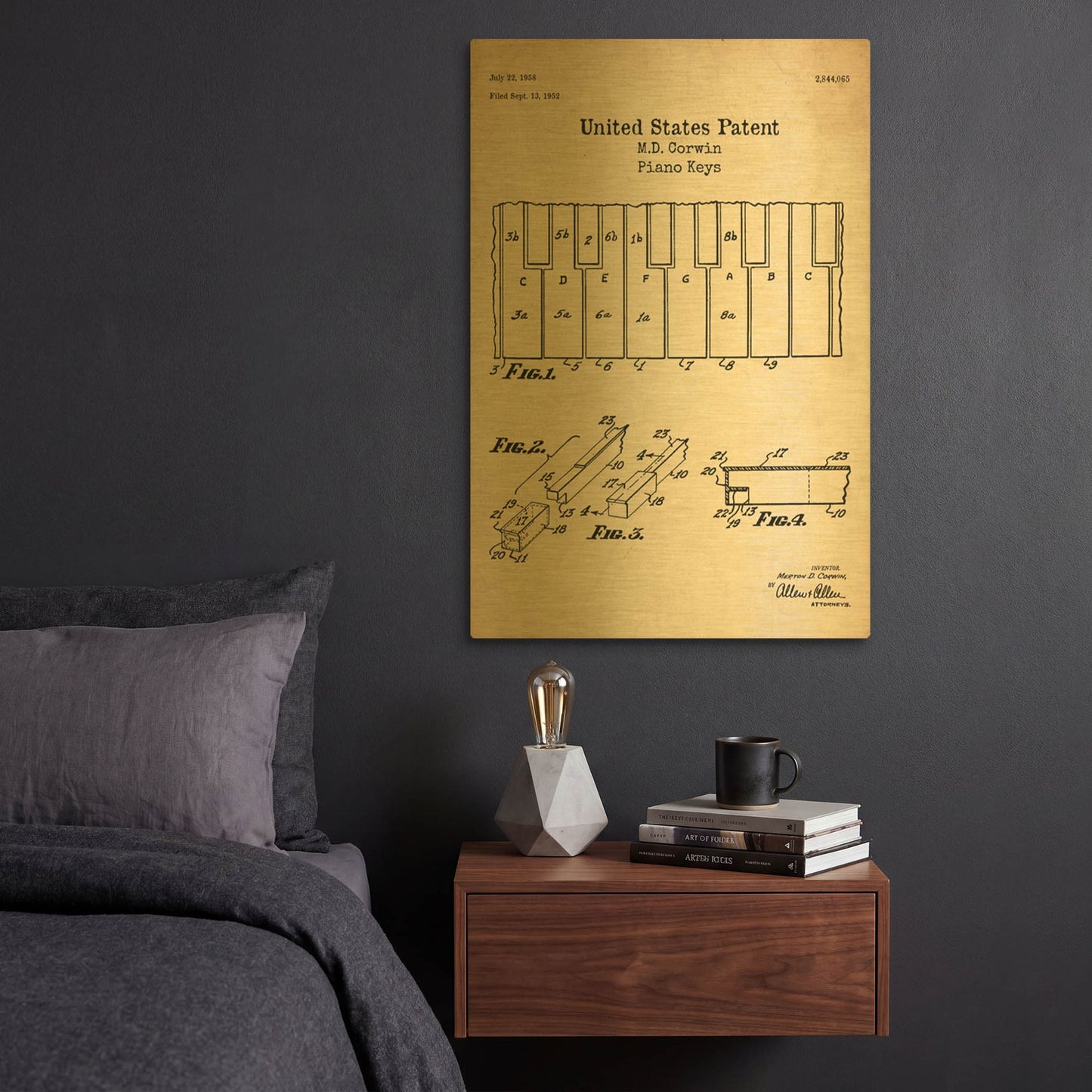 'Piano Keys Blueprint Patent Parchment' By LUXE Gold Metal Wall Art