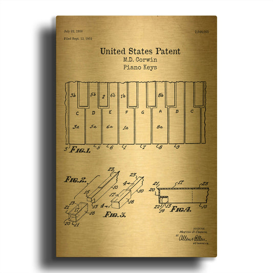 'Piano Keys Blueprint Patent Parchment' By LUXE Gold Metal Wall Art