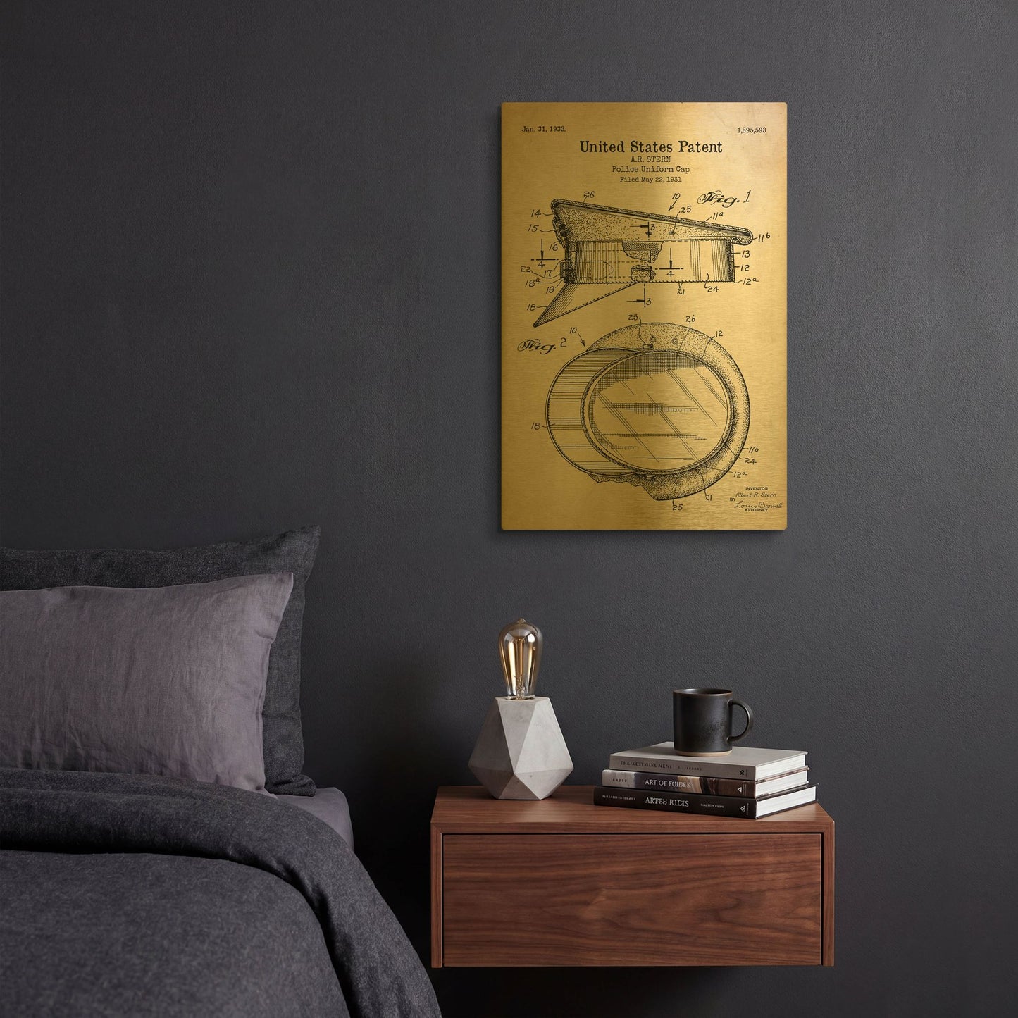 'Police Uniform Cap Blueprint Patent Parchment' By LUXE Gold Metal Wall Art