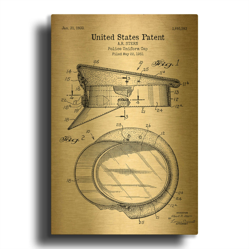 'Police Uniform Cap Blueprint Patent Parchment' By LUXE Gold Metal Wall Art