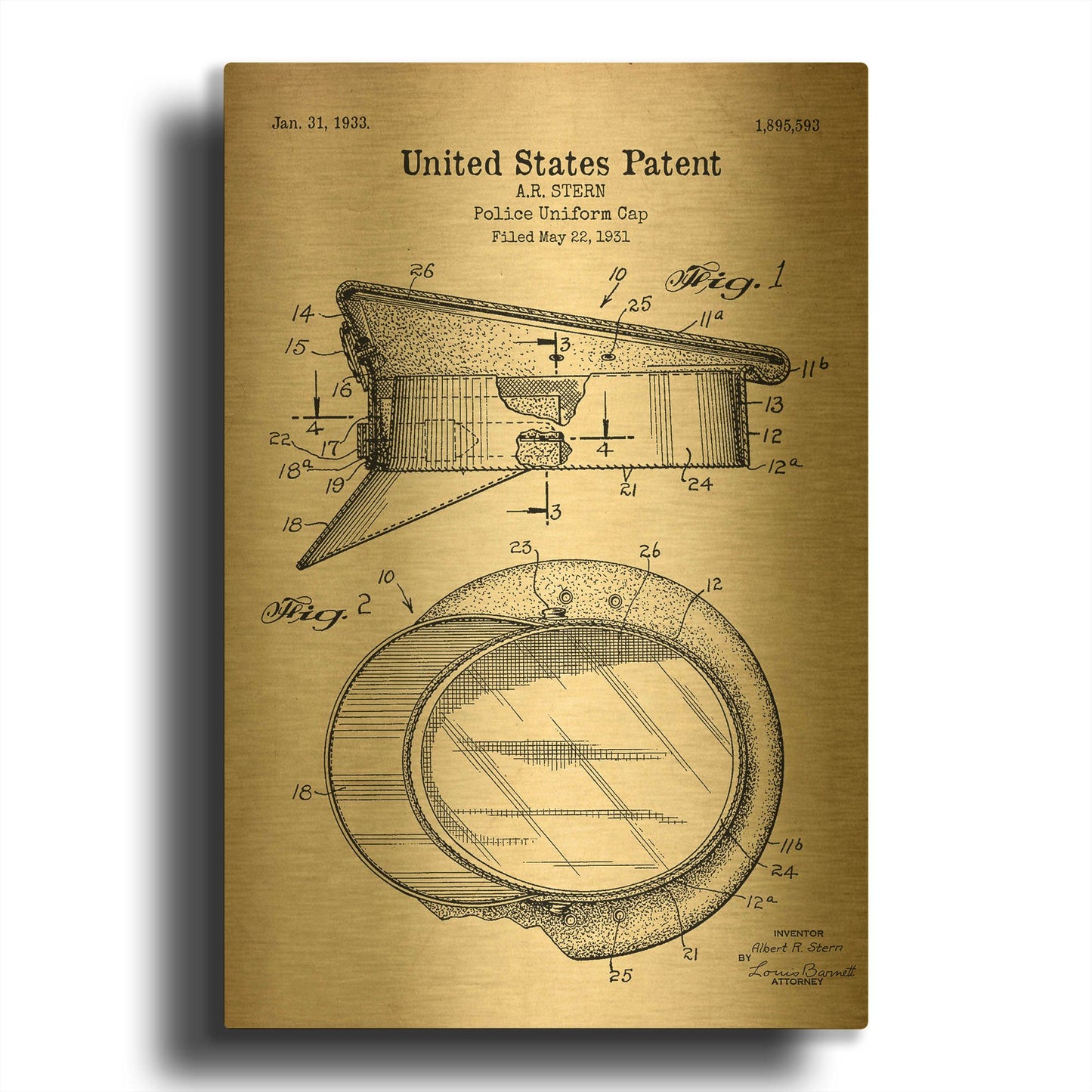 'Police Uniform Cap Blueprint Patent Parchment' By LUXE Gold Metal Wall Art